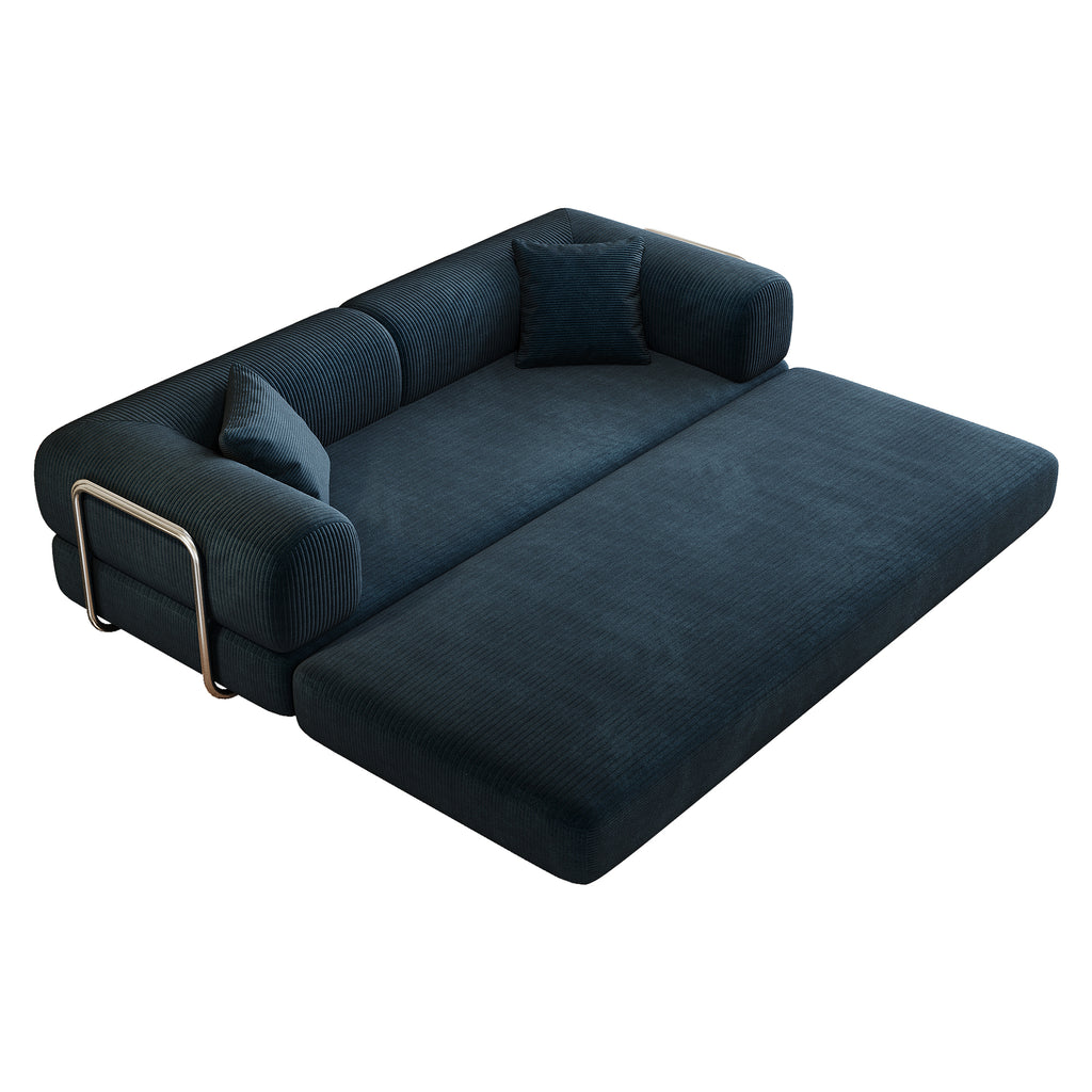 Blue Anthony & Home corduroy convertible sofa bed with plush cushions and modern design, shown in sofa configuration.
