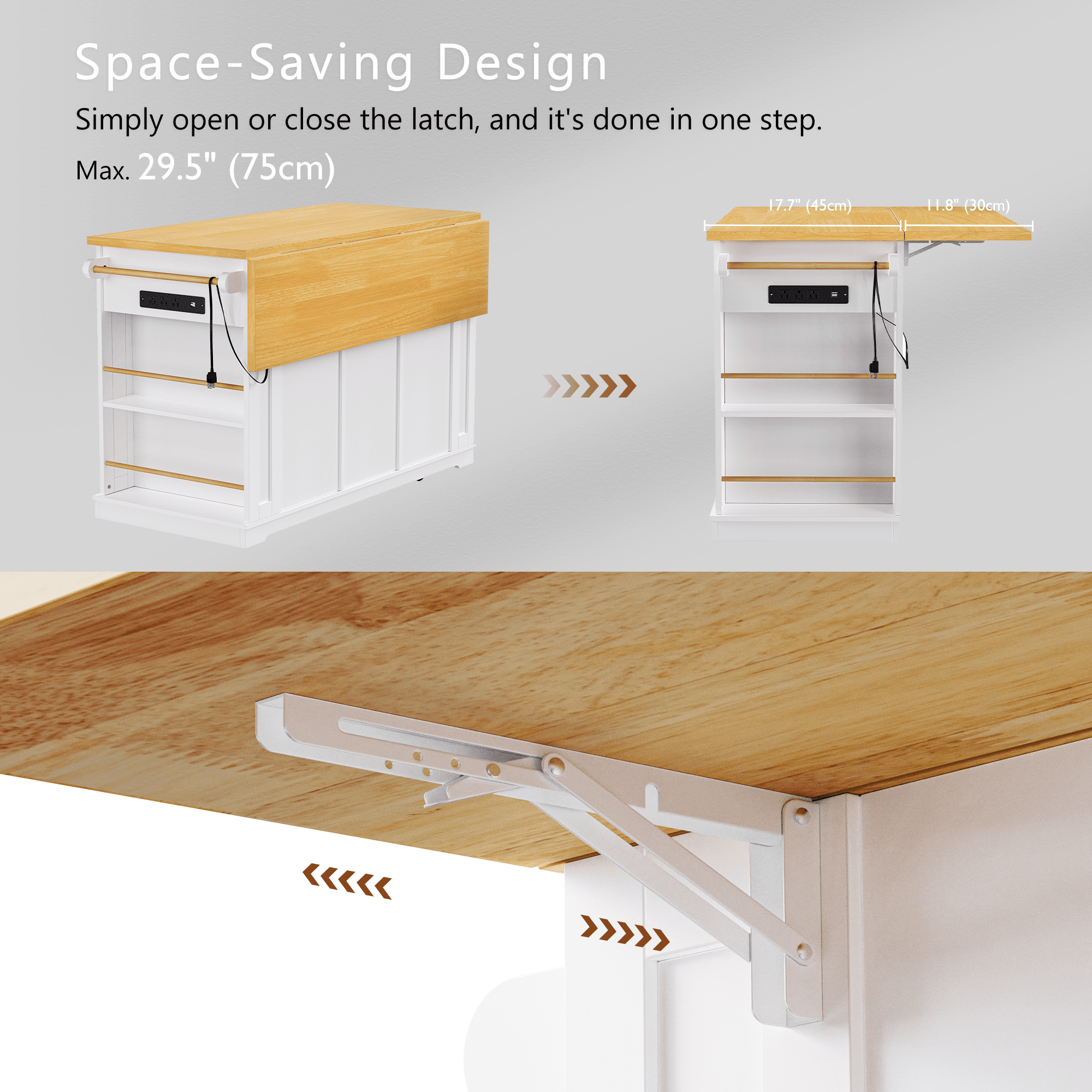 Anthony & Home white MDF kitchen island with drop leaf, bar stools, power outlet, and storage cart for modern kitchen use.