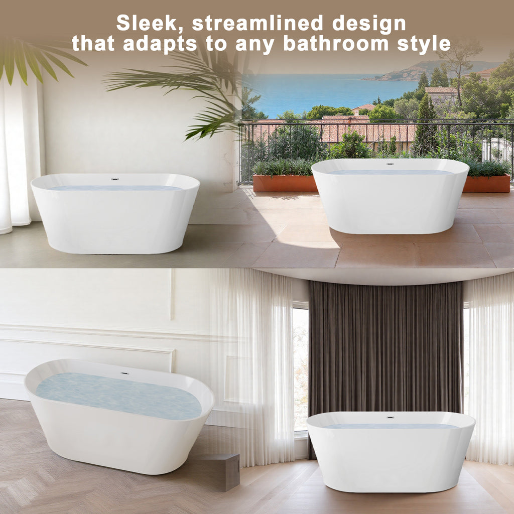 Glossy white acrylic freestanding soaking tub by Anthony & Home with ergonomic design and smooth, reflective surface.