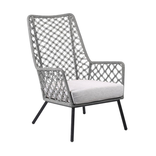 Gray and black steel outdoor dining chair with gray cushion, suitable for indoor or outdoor use, by HomeRoots.