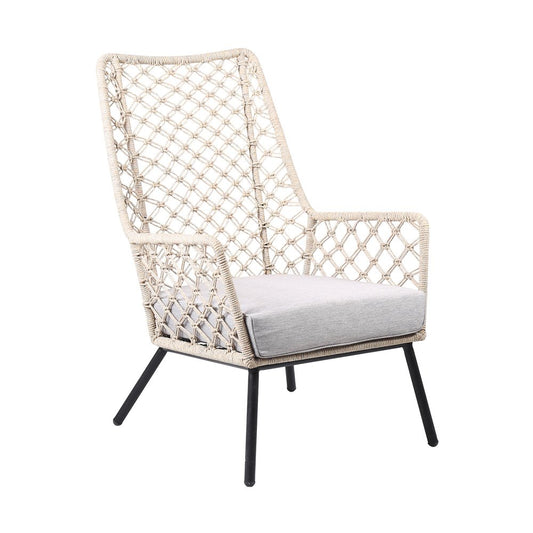 Gray metal outdoor dining chair with gray cushion, 26-inch height, by HomeRoots, suitable for patio or garden seating.