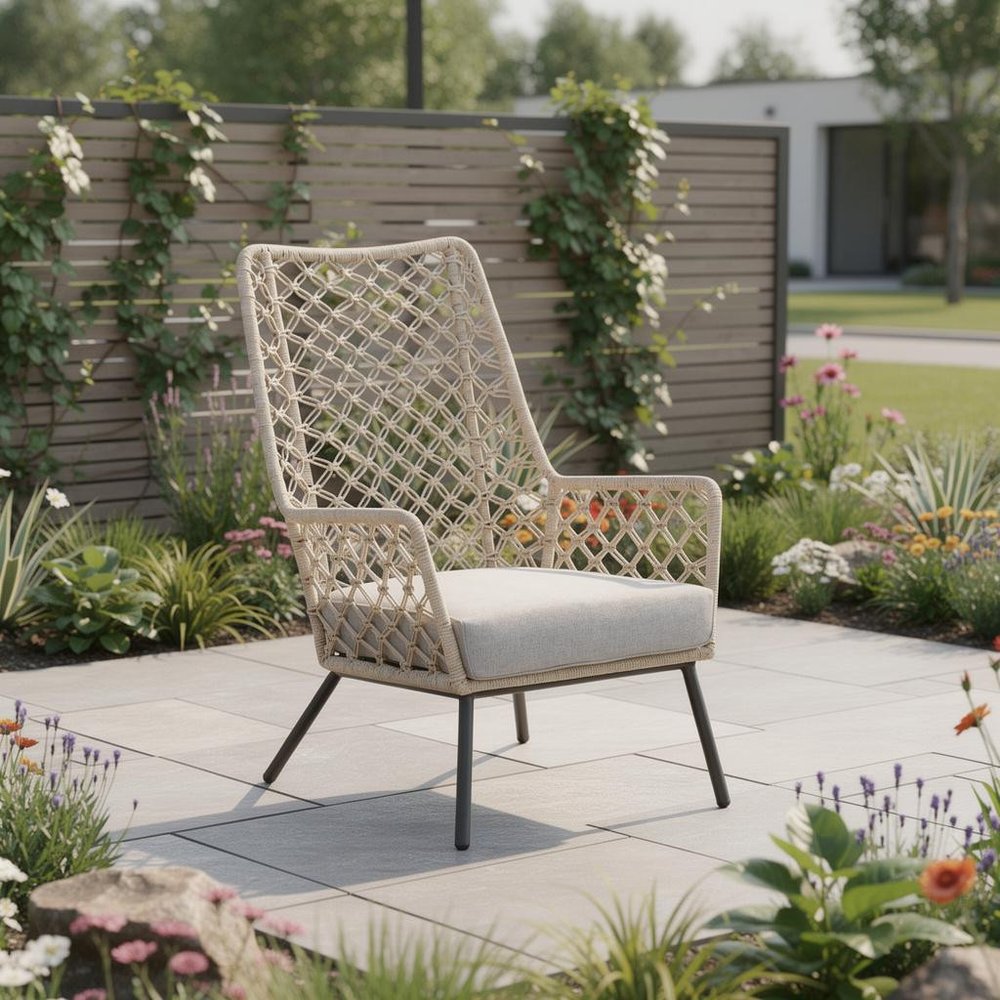 Gray metal outdoor dining chair with matching gray cushion, 26-inch height, stylish and durable for outdoor patio use.