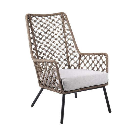 Gray metal outdoor arm chair with matching gray cushion, designed for patio or garden seating by HomeRoots.