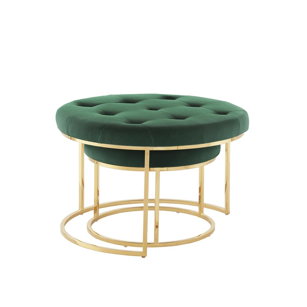Set of Two Green Velvet and Gold Tufted Round Ottoman