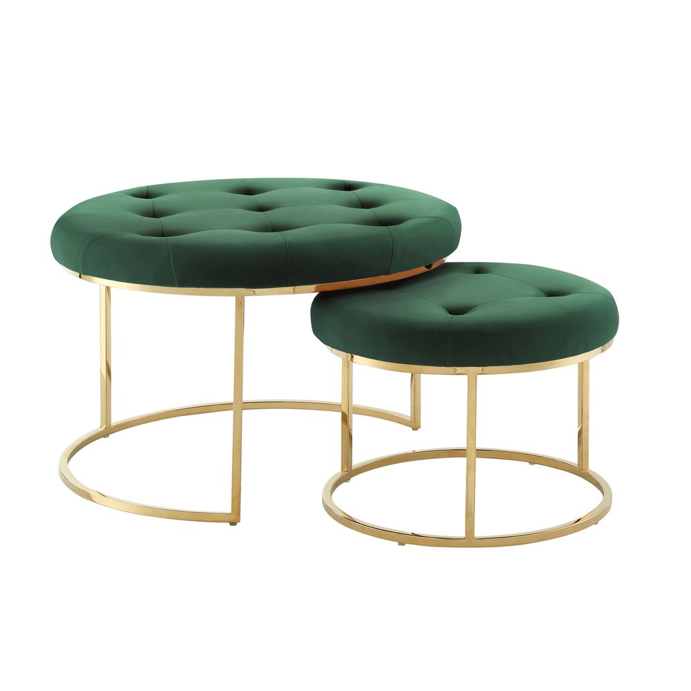 Set of Two Green Velvet and Gold Tufted Round Ottoman