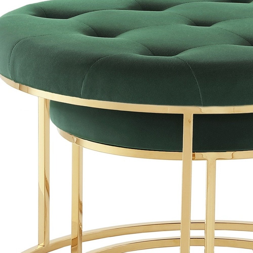 Set of Two Green Velvet and Gold Tufted Round Ottoman