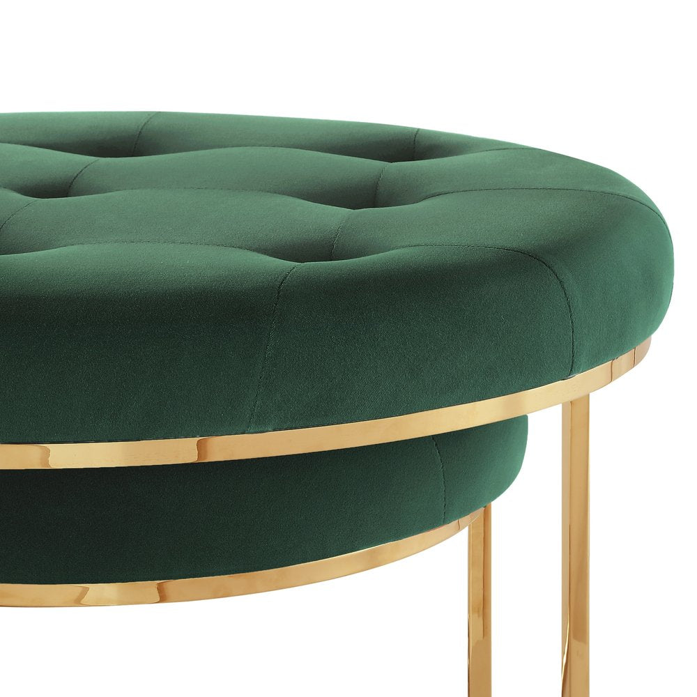 Set of Two Green Velvet and Gold Tufted Round Ottoman