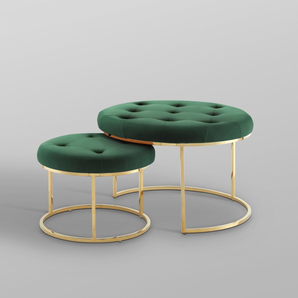 Set of Two Green Velvet and Gold Tufted Round Ottoman