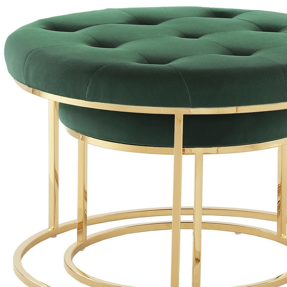 Set of Two Green Velvet and Gold Tufted Round Ottoman