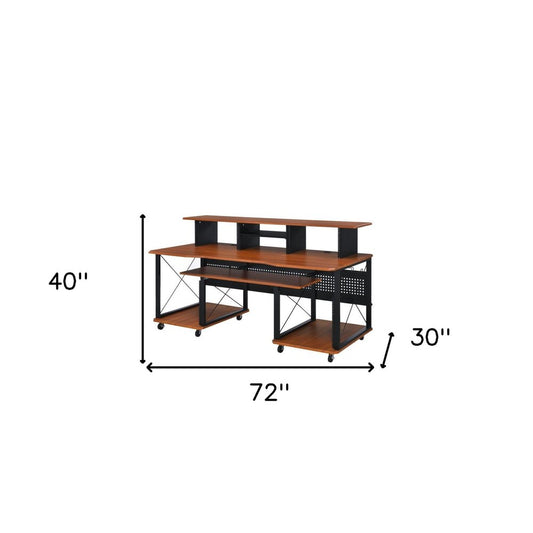 72" Brown and Black Wood and Metal Rolling Computer Desk