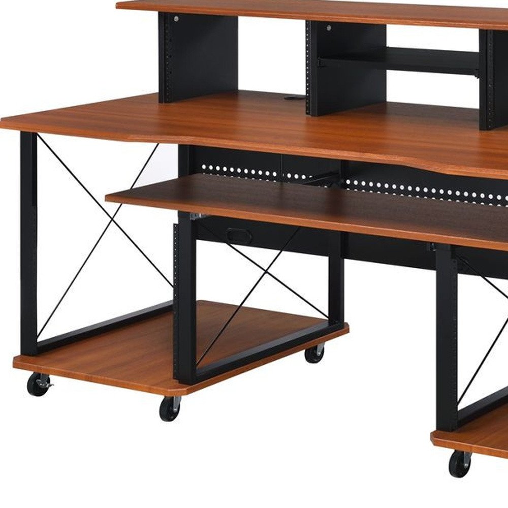 72" Brown and Black Wood and Metal Rolling Computer Desk