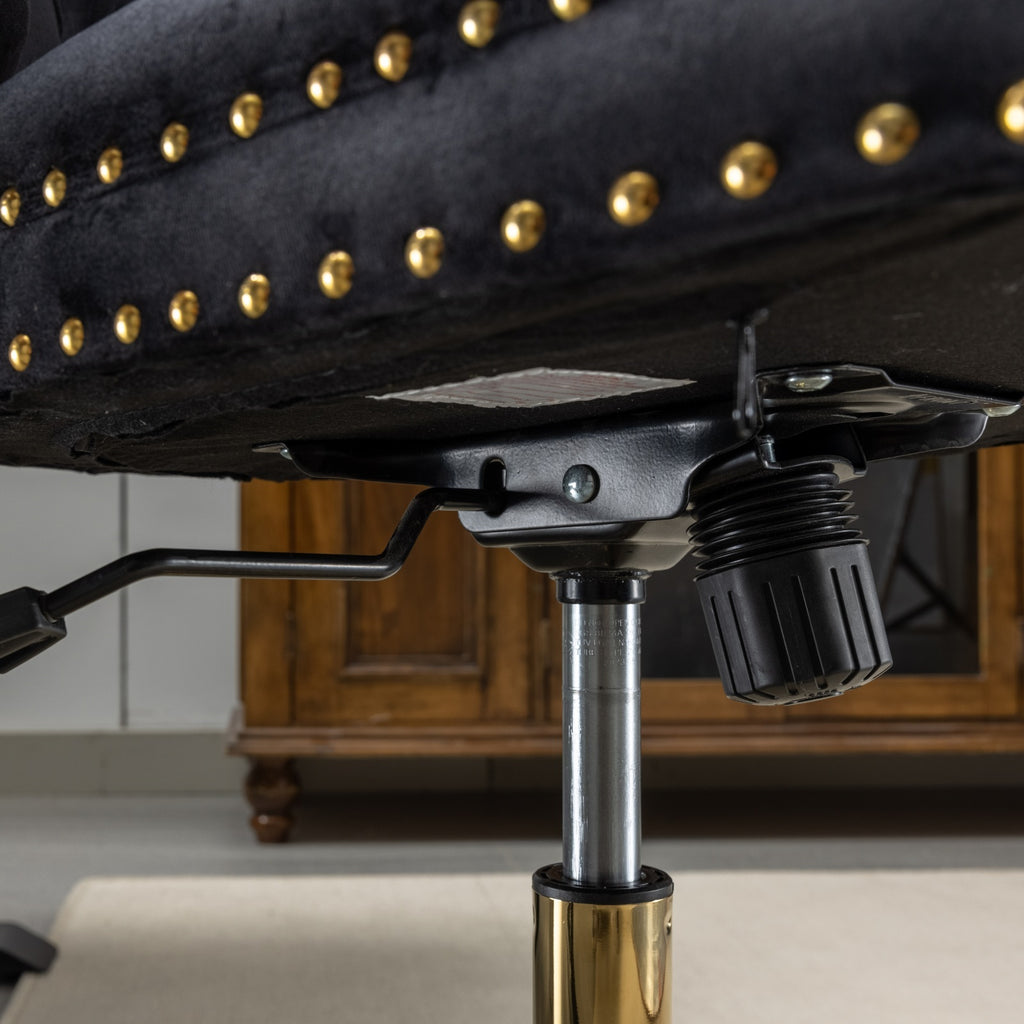 Anthony & Home Studio Velvet Tufted Office Chair with padded armrests and black metal legs, designed for modern workspace comfort.