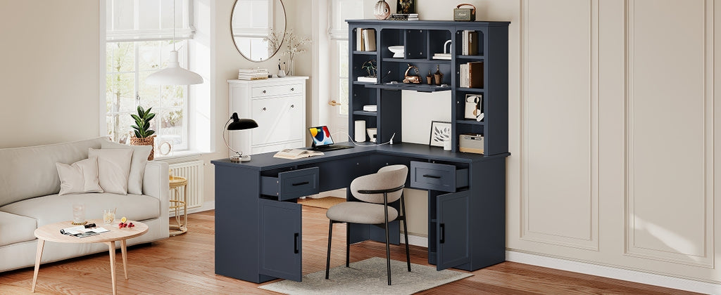 L-shaped Anthony & Home Atelier collection desk with power outlet, 2 cabinets, 2 drawers, 11 shelves, and right flip shelf.