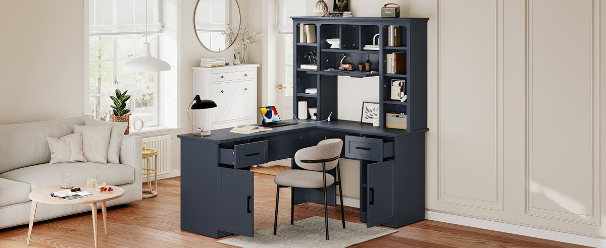 L-shaped Anthony & Home Atelier collection desk with power outlet, 2 cabinets, 2 drawers, 11 shelves, and right flip shelf.