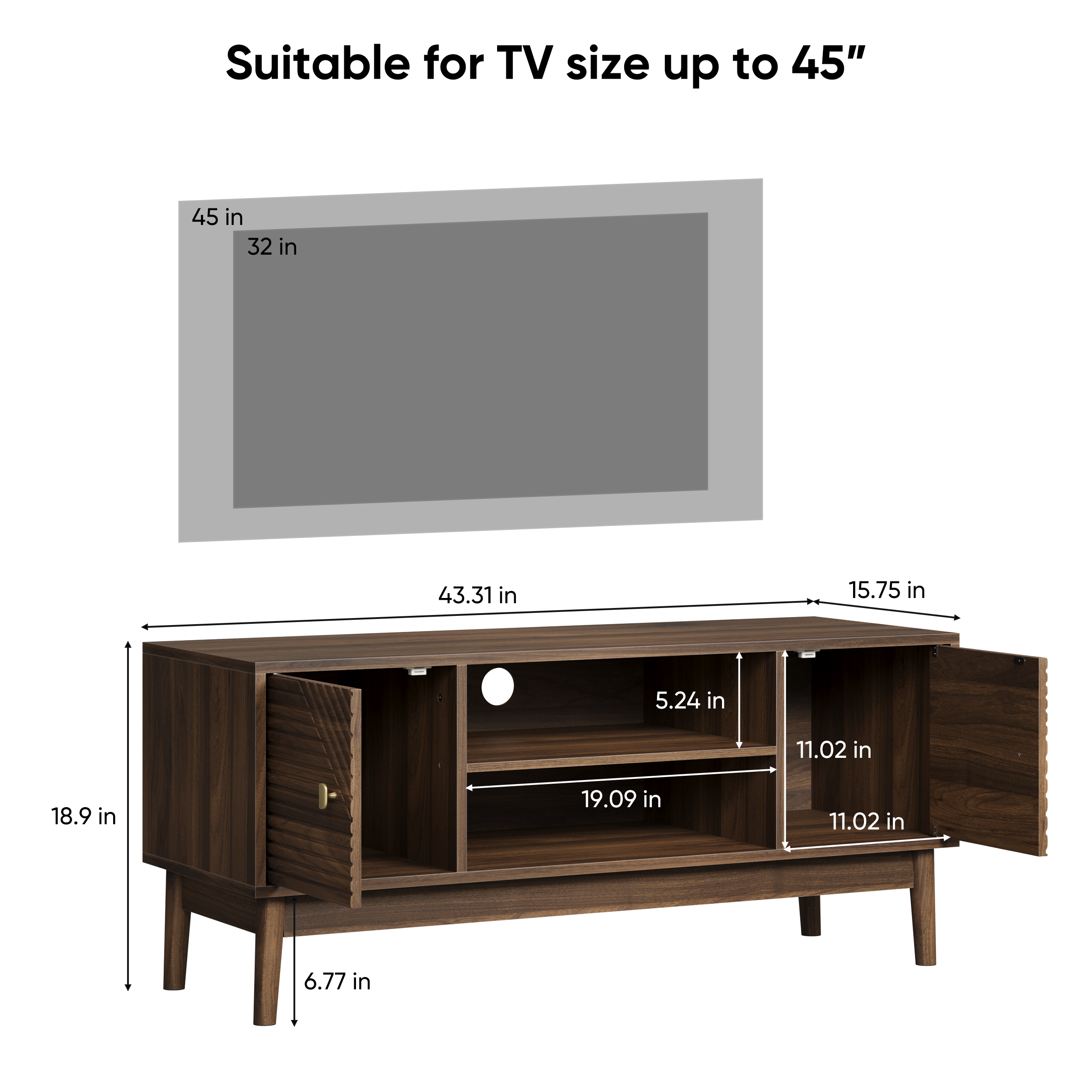 Walnut MDF mid-century modern TV stand for 32/45 inch TVs with storage, 43.31-inch media console for living room or bedroom.