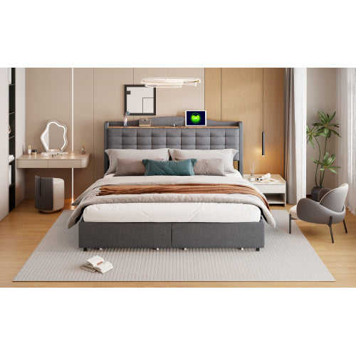 Grey Linen Upholstered Bed Frame 160x200 cm USB Nightstand