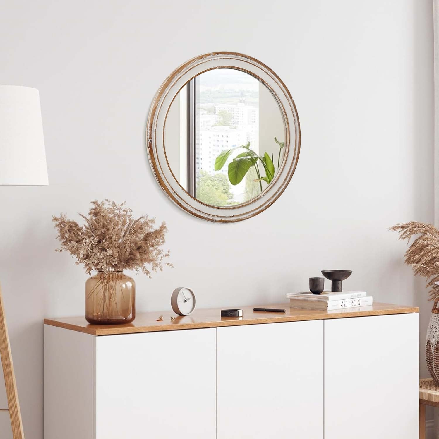 Heritage round wall mirror with distressed wood frame by Anthony & Home, featuring rustic, vintage-inspired design and natural wood finish.