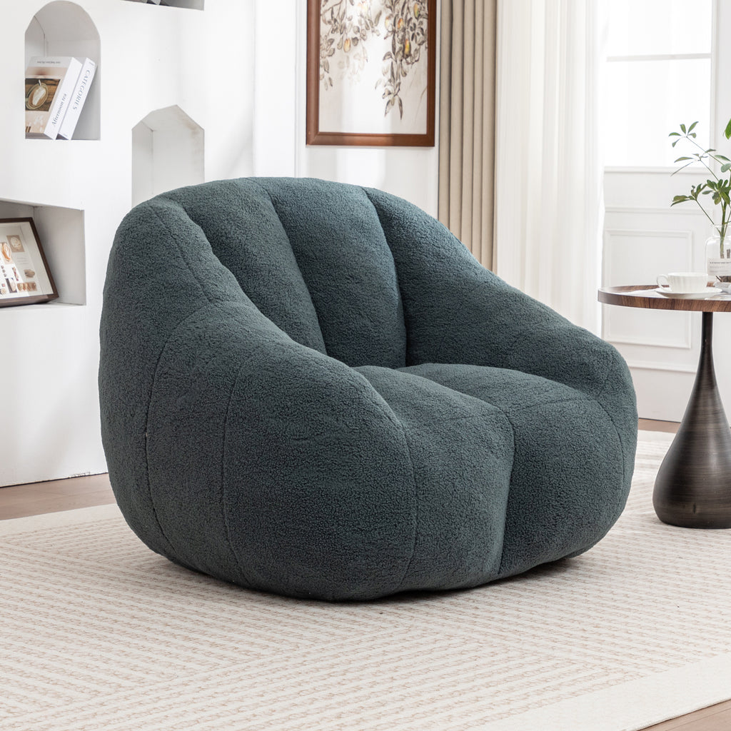 Studio green Anthony & Home tufted memory foam bean bag chair with plush fabric and ergonomic shape for comfortable seating.