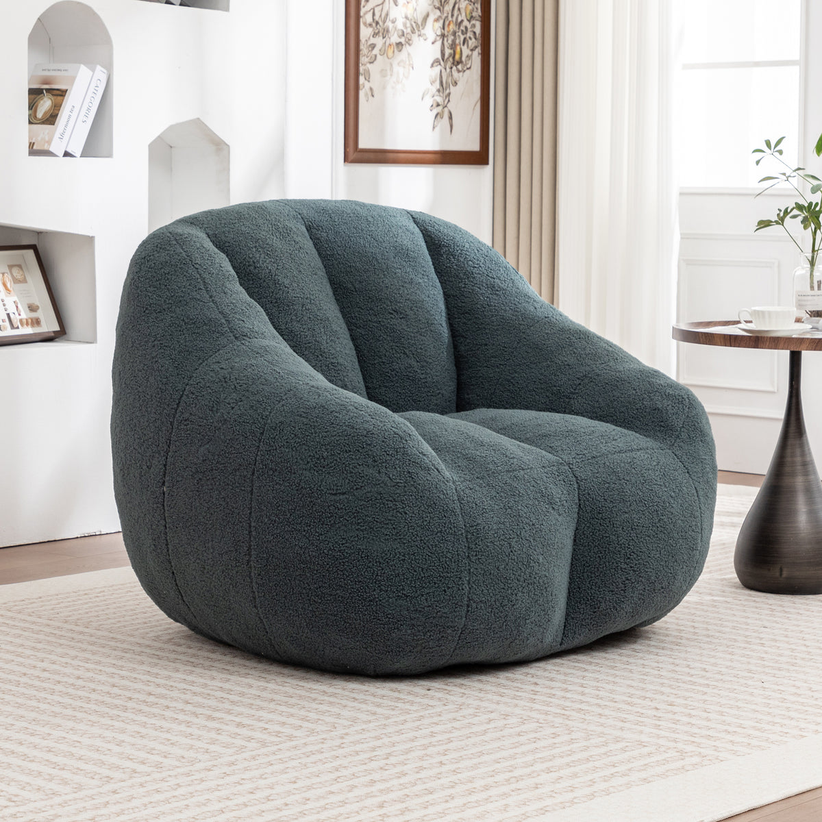 Studio green Anthony & Home tufted memory foam bean bag chair with plush fabric and ergonomic shape for comfortable seating.