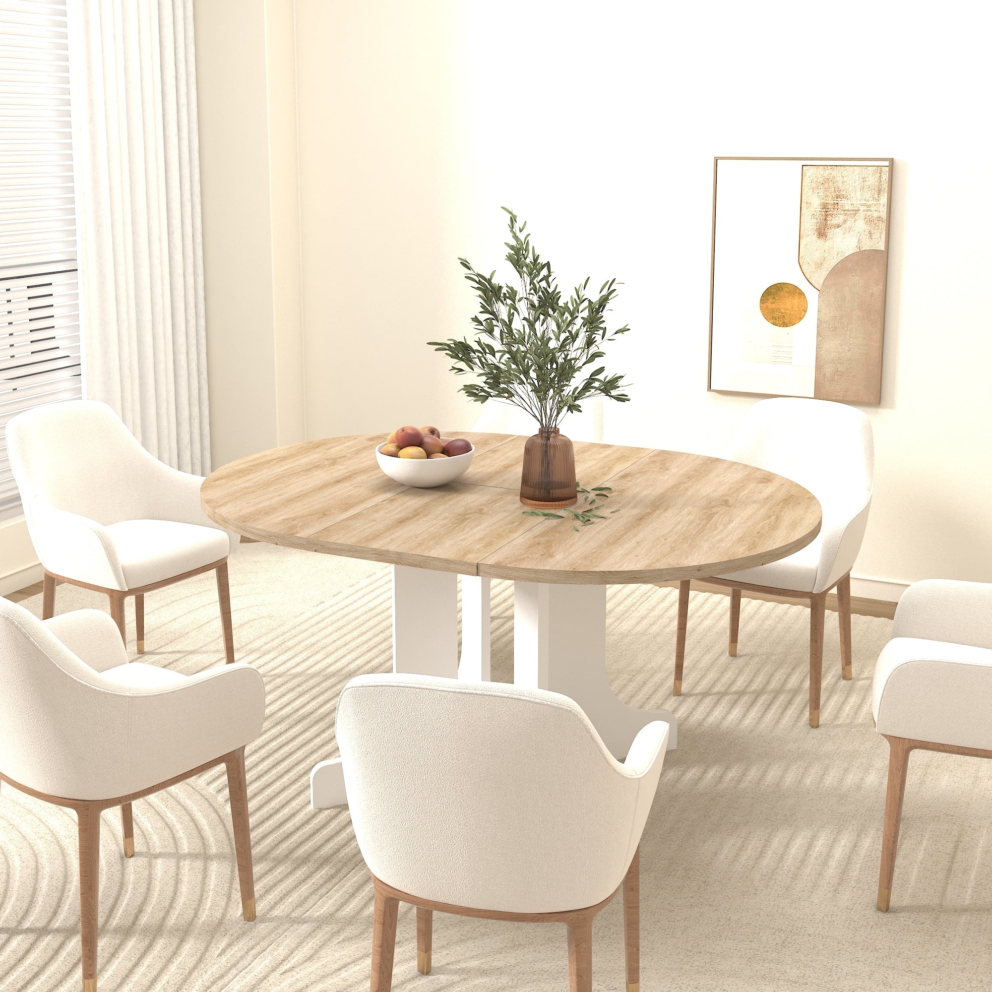 White Oak Edition oval dining table with expandable leaf by Anthony & Home, showcasing smooth wood surface and sturdy design.