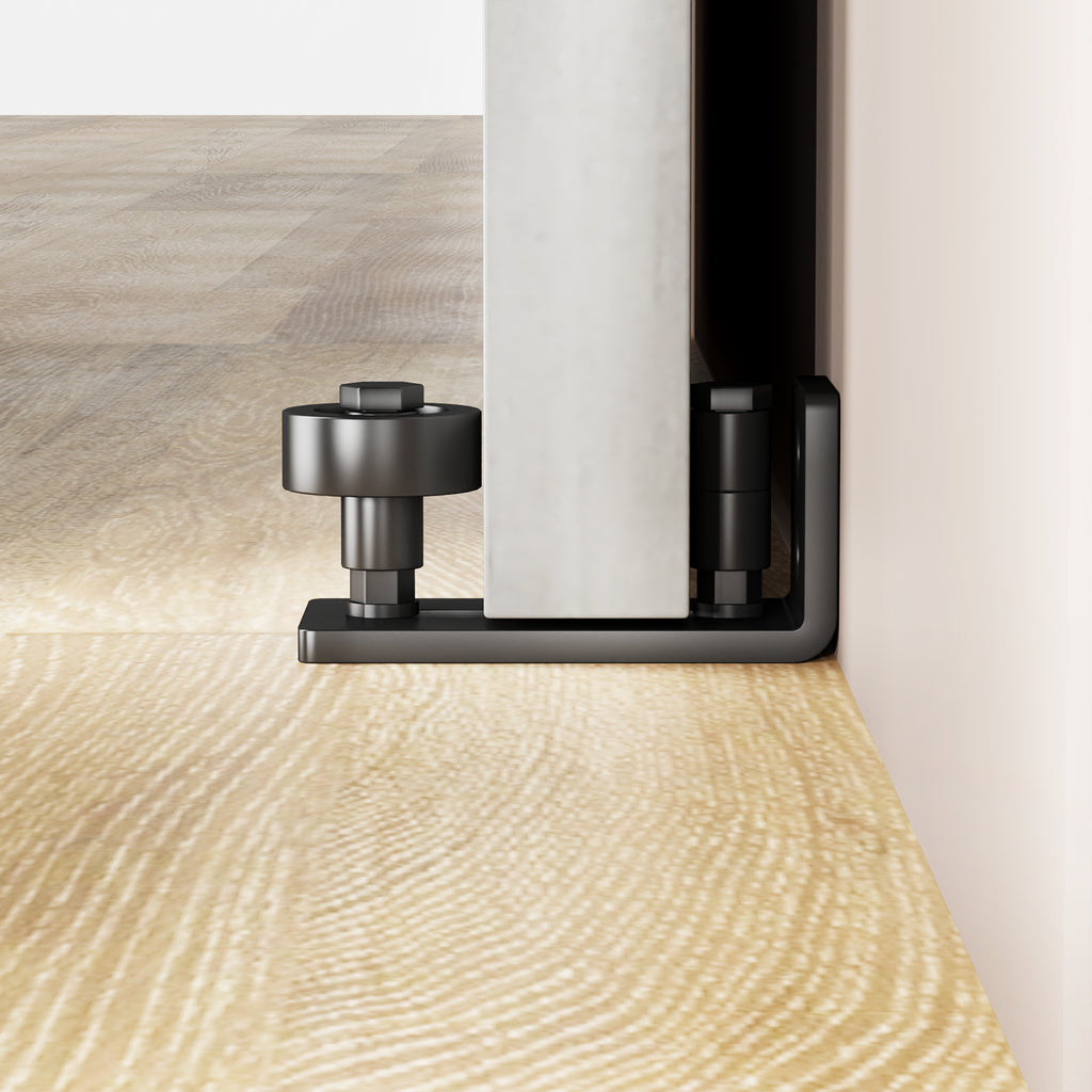 Anthony & Home Signature J-Shape Hangers for sliding barn doors, with floor guide and wall-mount rollers, visible on door hardware.