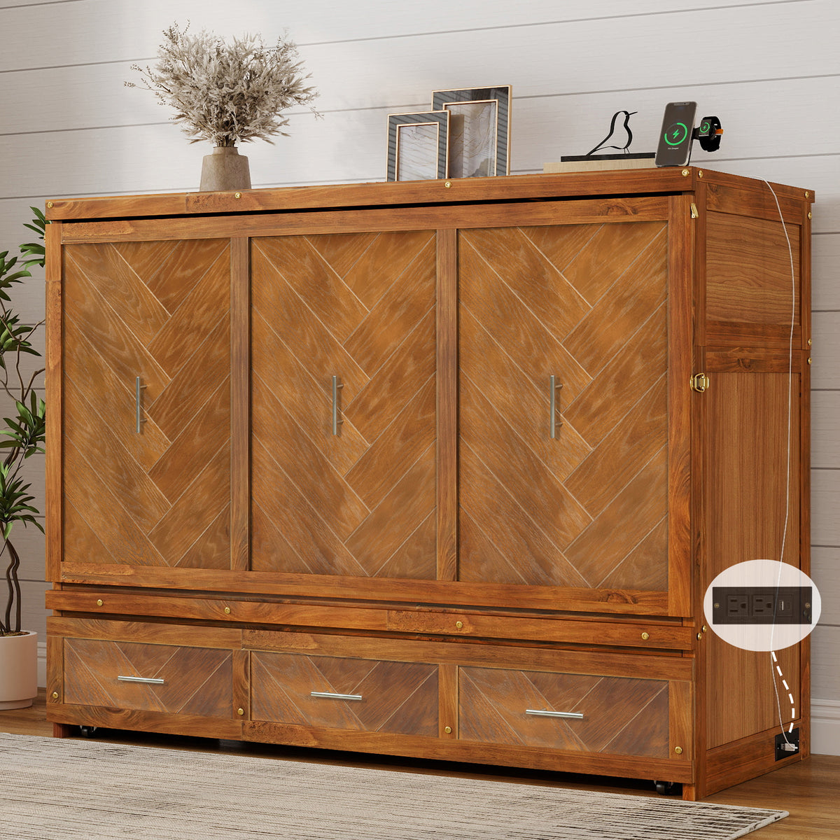 Queen size walnut Murphy bed with geometric panel, USB charging, from Anthony & Home Studio Collection, shown with open bed and storage.