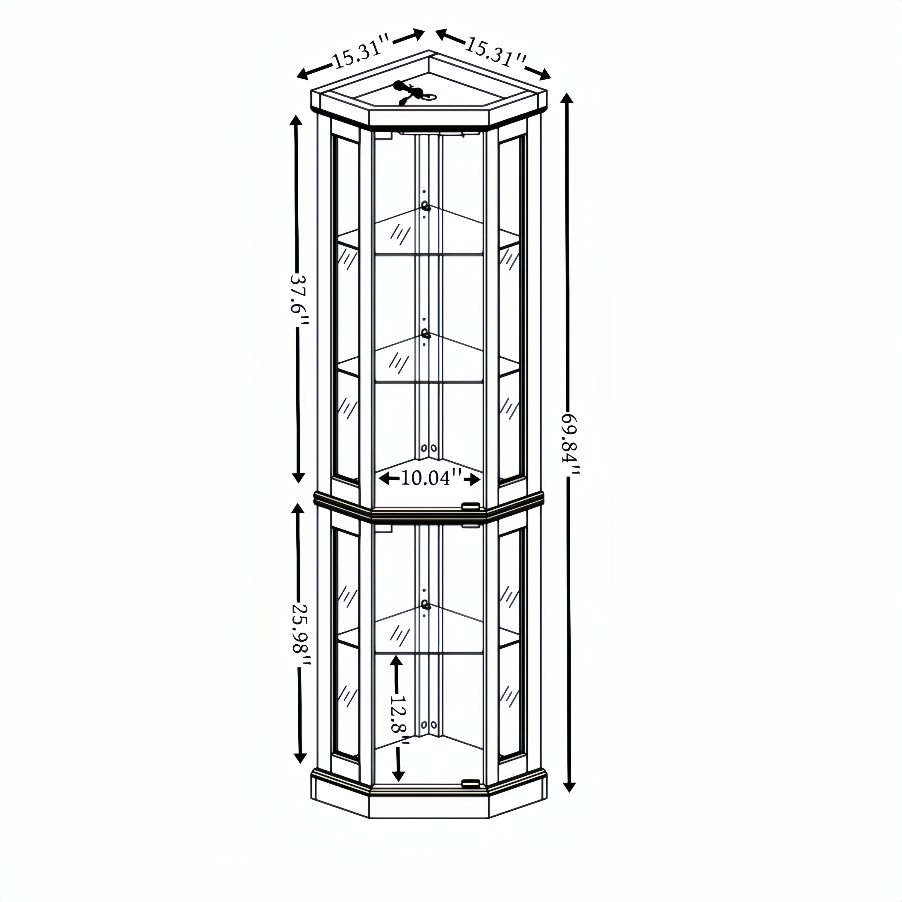 White lighted corner curio cabinet by Anthony & Home showcasing glass shelves, antique collectibles, wine bottles, and bar glasses.