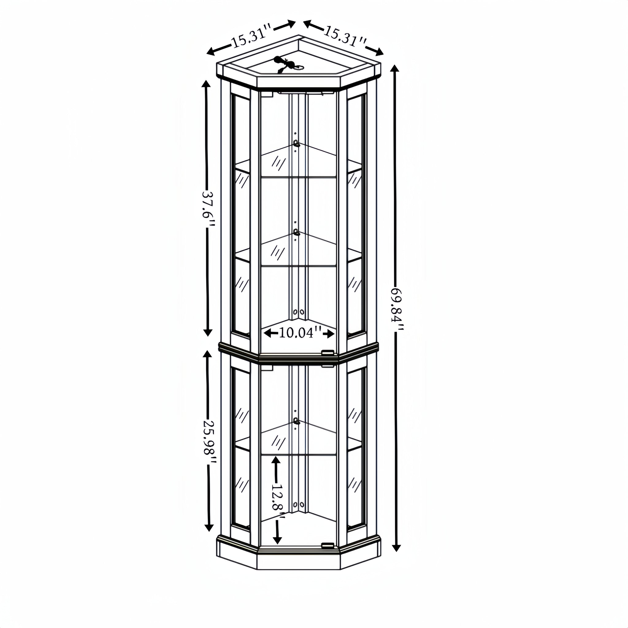 White lacquer lighted corner curio cabinet by Anthony & Home with glass display shelves and interior lighting.