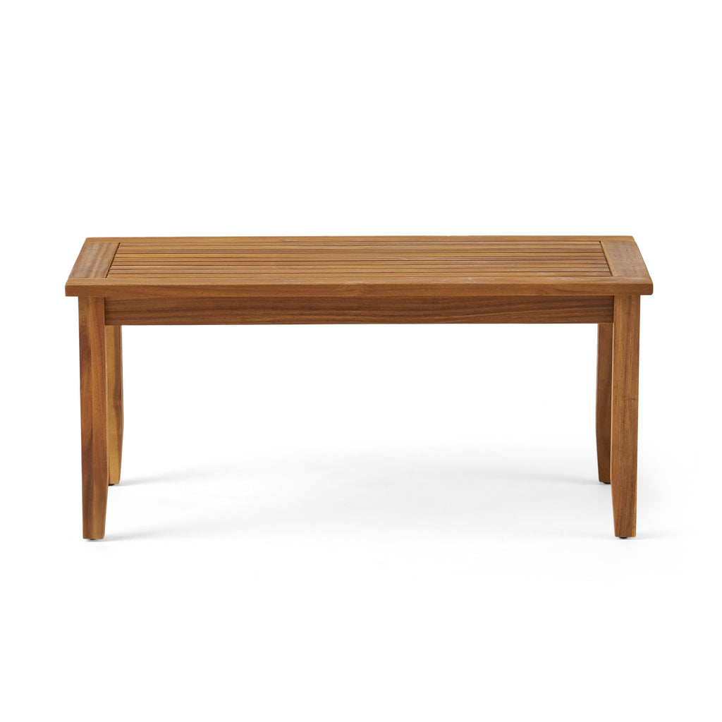 Anthony & Home Teak outdoor chat set with loveseat and coffee table from the Atelier Collection, handcrafted finish.