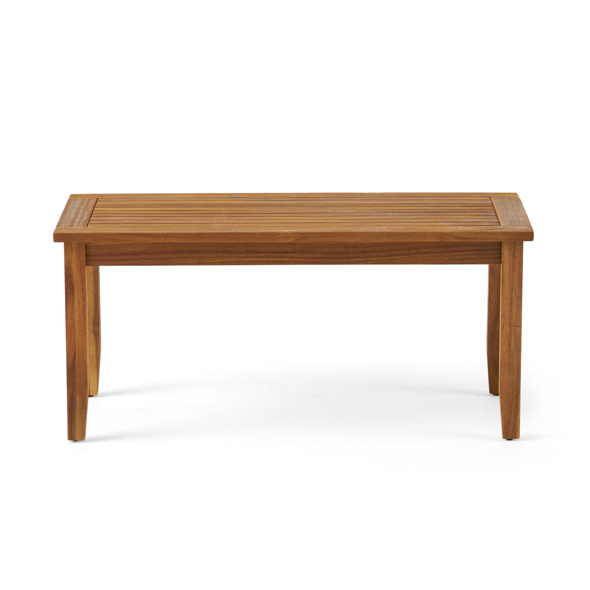 Anthony & Home Teak outdoor chat set with loveseat and coffee table from the Atelier Collection, handcrafted finish.