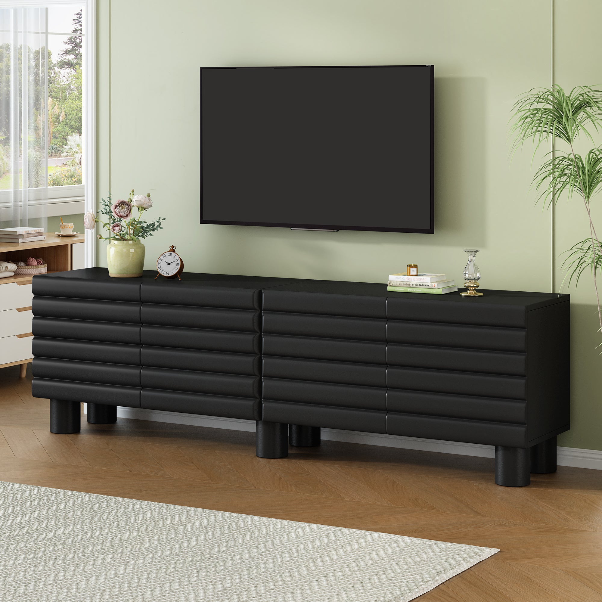 Black Premium MDF Media Console With Cylindrical Legs Limited Edition TV Cabinet For Televisions Up To 75 Inches