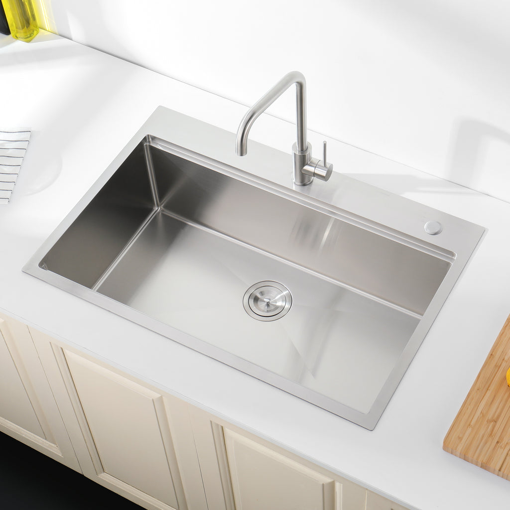 Brushed stainless steel single bowl kitchen sink by Anthony & Home, showing smooth, modern design with ample basin space.