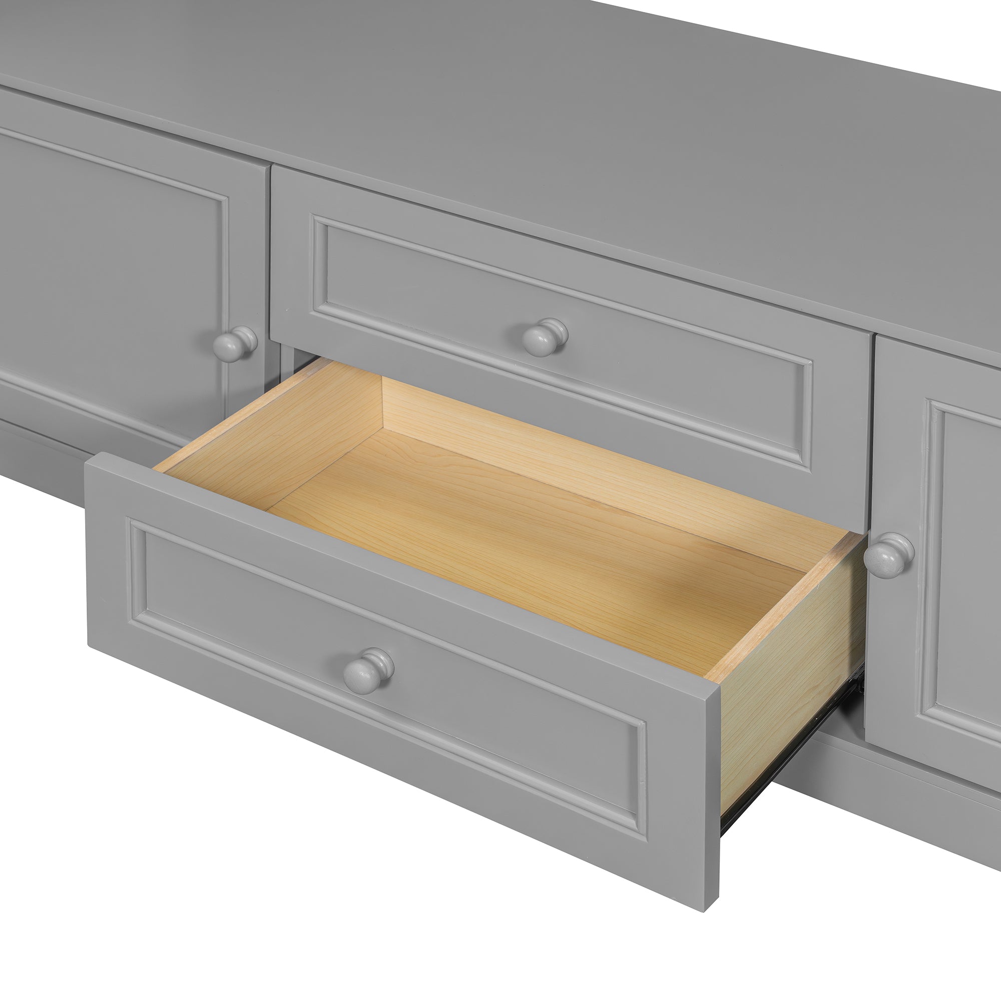 Gray solid wood Atelier Murphy Bed TV stand with drawers by Anthony & Home, featuring a sleek design and ample storage spaces.