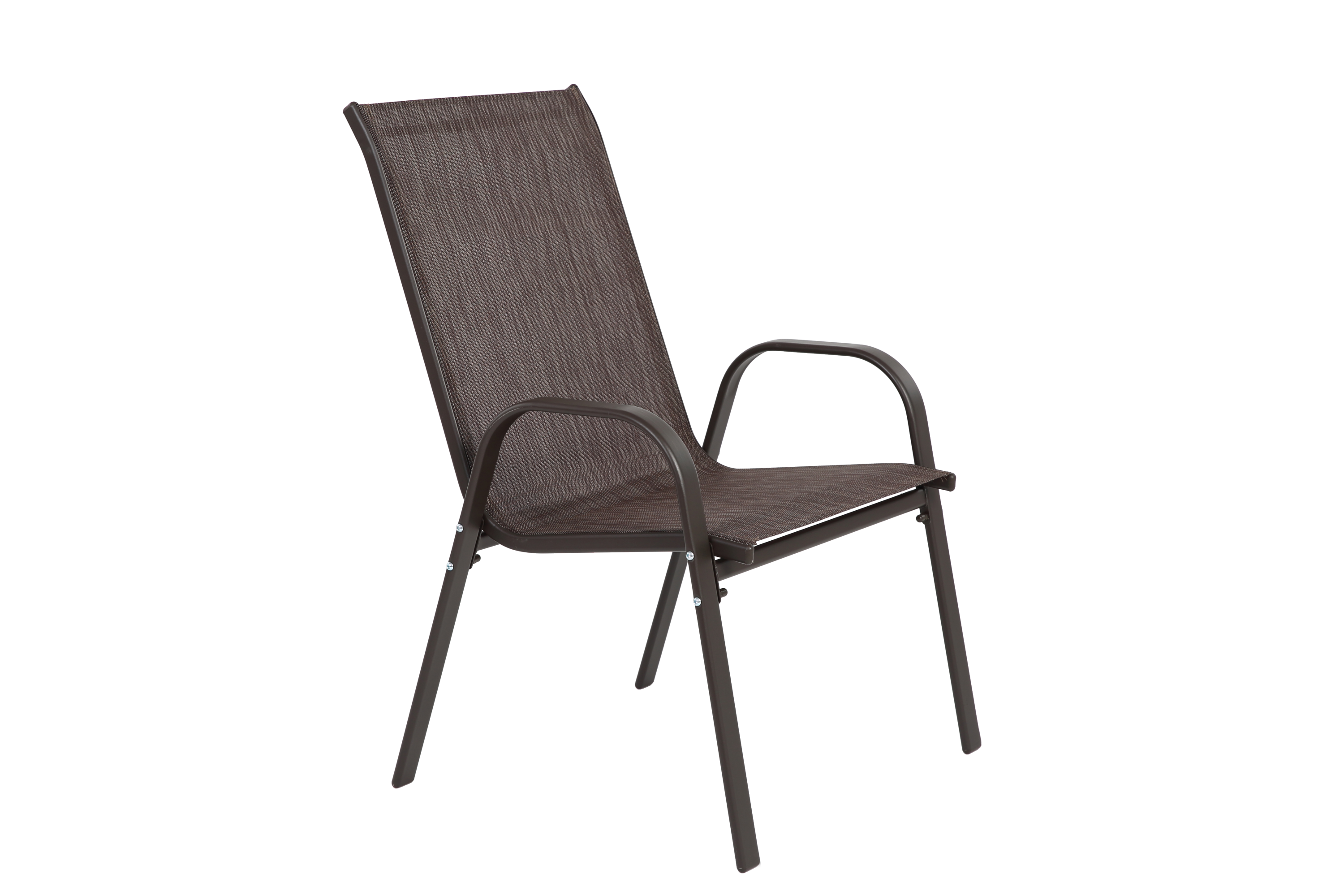 Set of six brown Textilene patio chairs with high backs from Anthony & Home, ideal for outdoor seating.