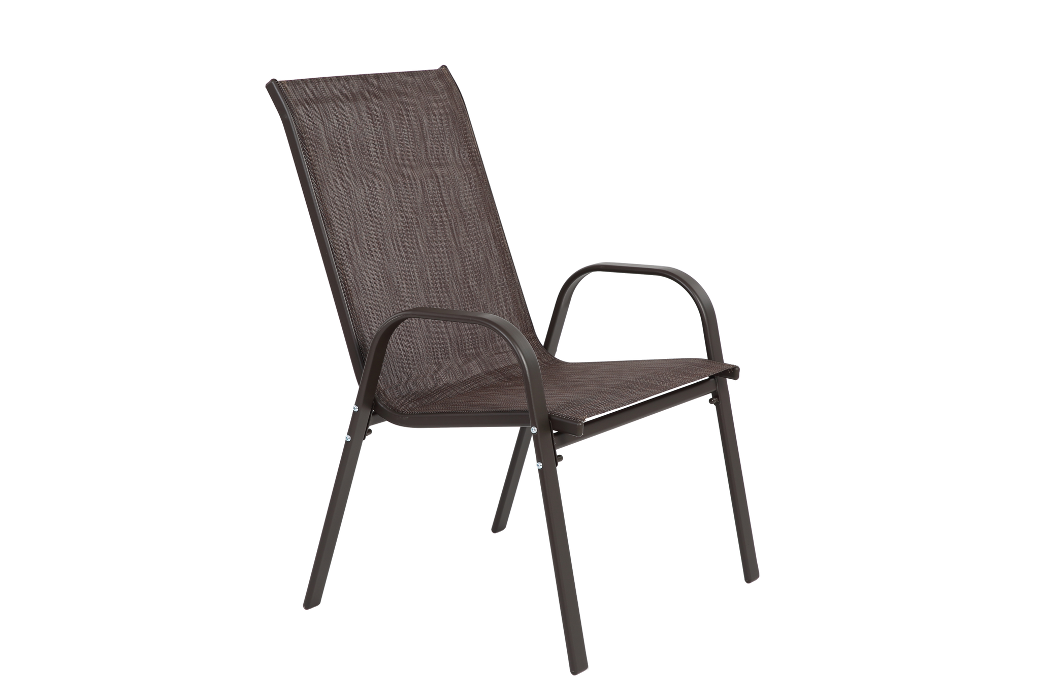 Set of six brown Textilene patio chairs with high backs from Anthony & Home, ideal for outdoor seating.