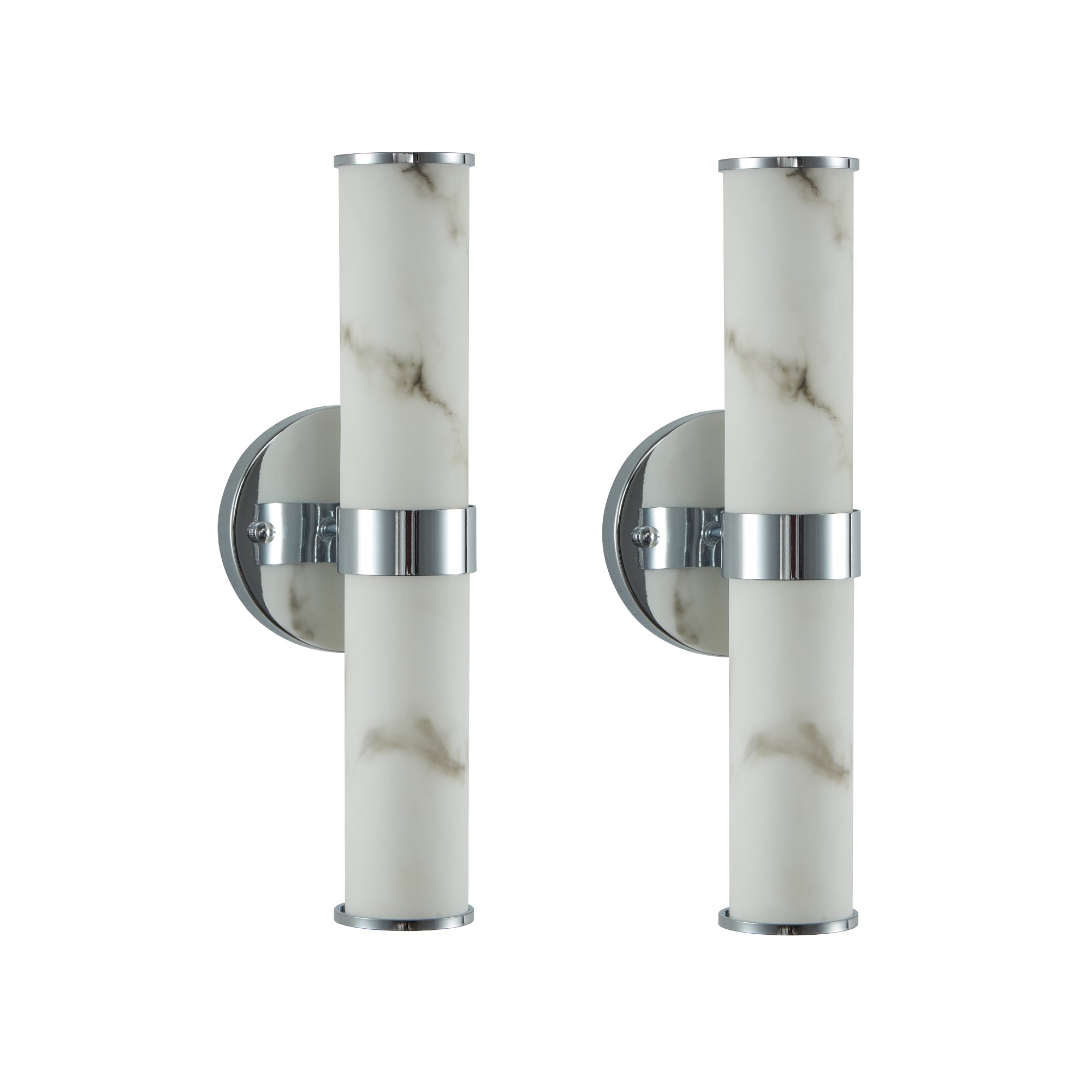 Pair of Anthony & Home Atelier Marble Wall Sconces with sleek white marble shades and modern brass mounting for elegant lighting.