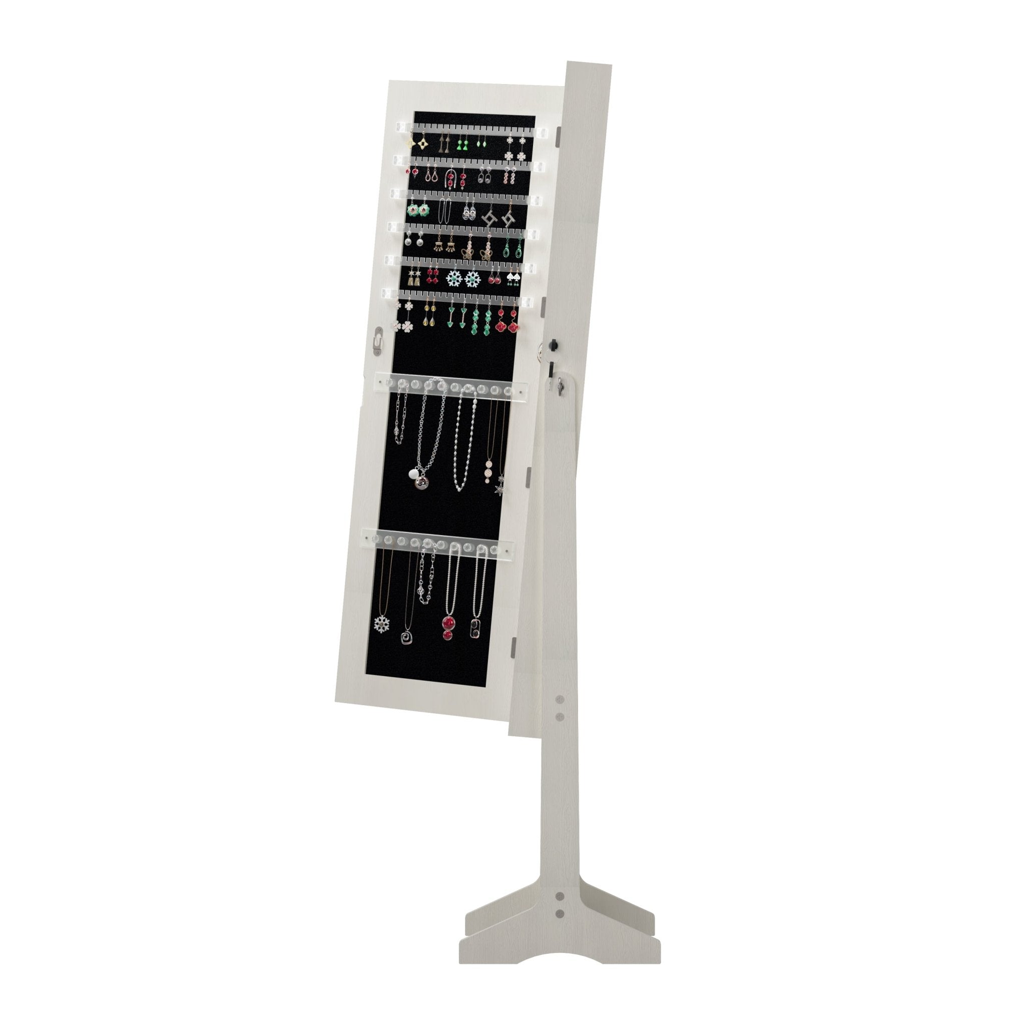 Anthony & Home Atelier white jewelry armoire with full-length glass mirror, lockable storage, and velvet-lined interior.