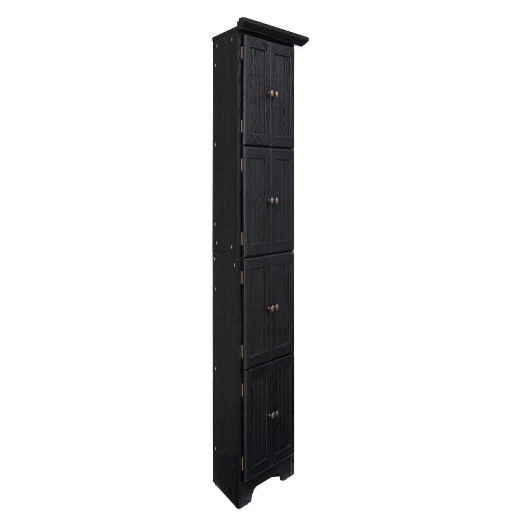 Corner pantry cabinet in matte black finish from Anthony & Home Studio Collection, featuring shelves and storage space.