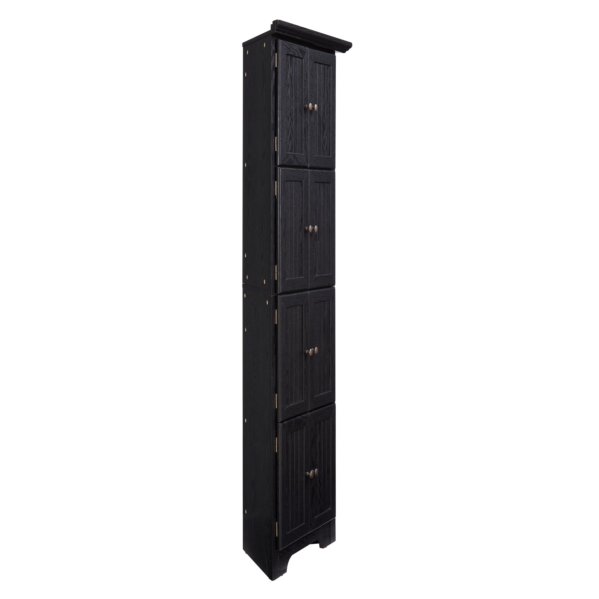 Corner pantry cabinet in matte black finish from Anthony & Home Studio Collection, featuring shelves and storage space.