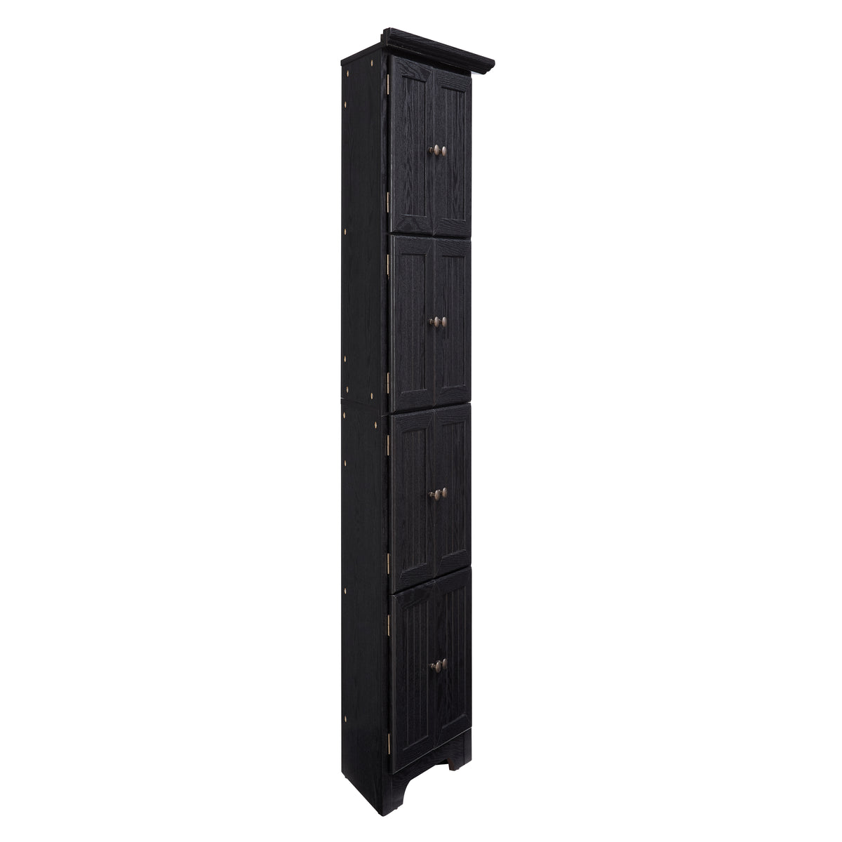 Corner pantry cabinet in matte black finish from Anthony & Home Studio Collection, featuring shelves and storage space.