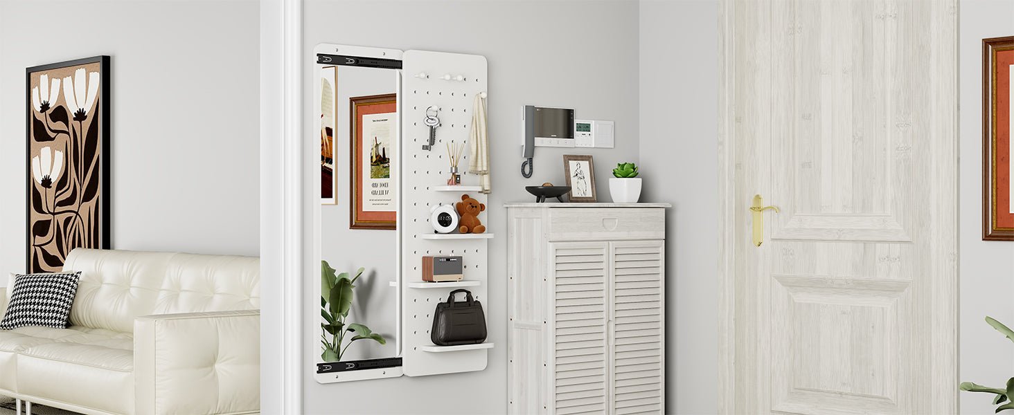 White rubber wood wall-mounted full-length mirror with shelf and hook, by Anthony & Home, showcasing a sleek modern design.