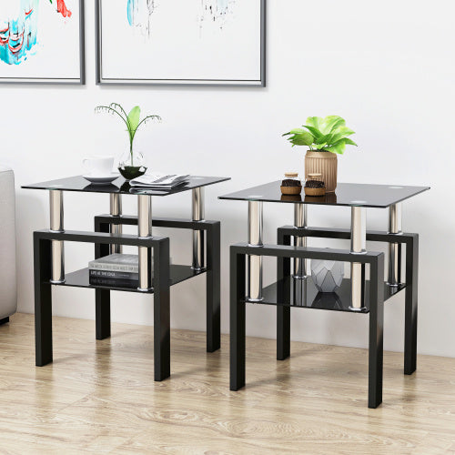 Set of 2 Modern Tempered Glass Tea Coffee End Tables Black