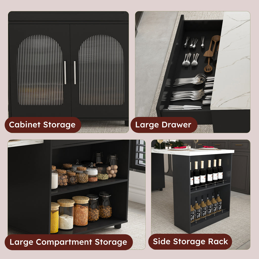 Black Expandable Kitchen Island with Marble - Grain Countertop, Power Outlet, Mobile Storage Cart with Cabinet & 2 Drawers, 80 - Inch Dining Table - Anthony & Home