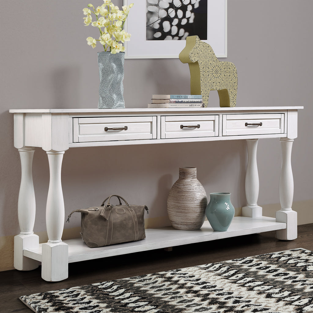 Antique white wood console table by Anthony & Home with 63-inch length, 3 drawers, bottom shelf, and easy assembly.