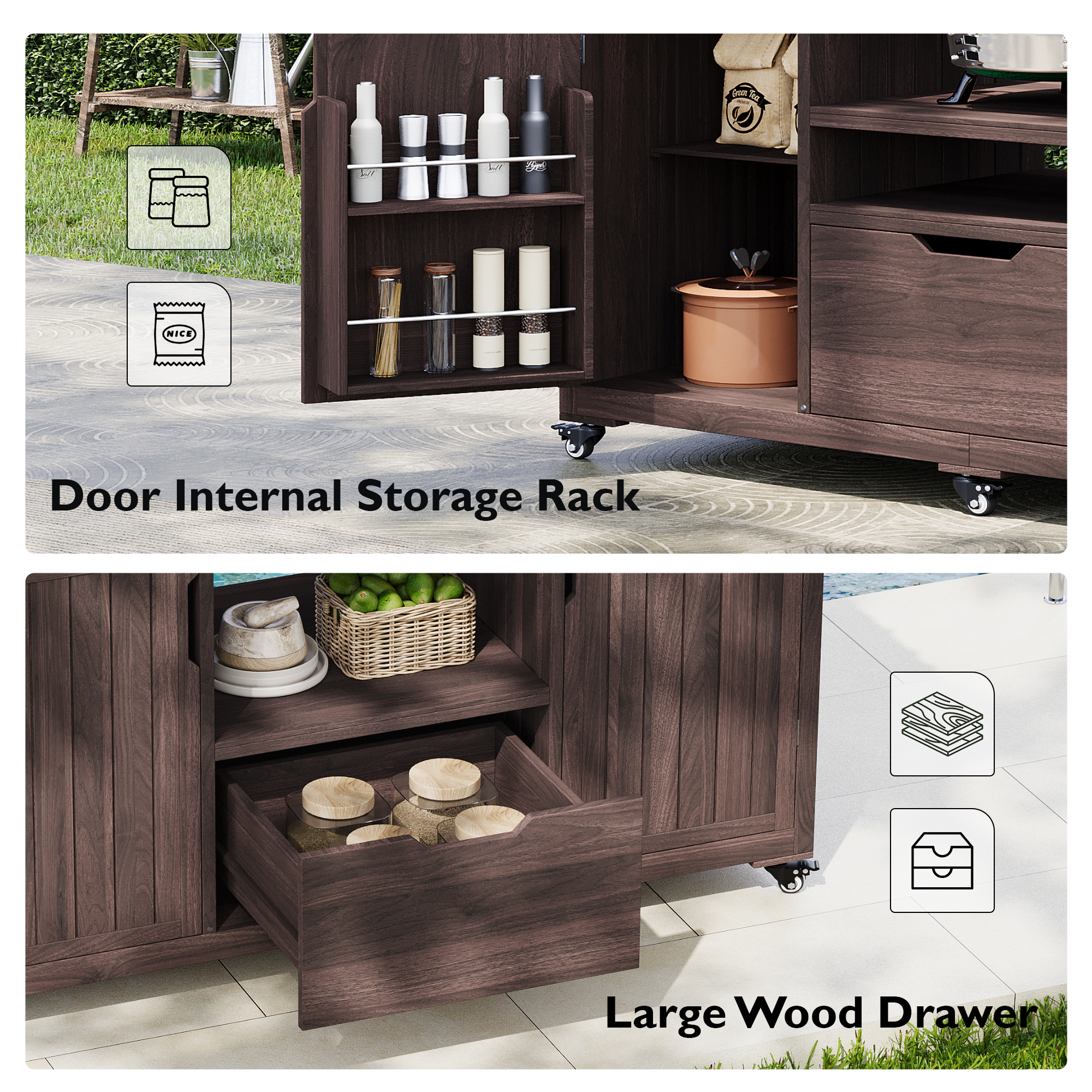 Anthony & Home outdoor kitchen island with solid wood construction, designed for Kamado grills and outdoor culinary use.
