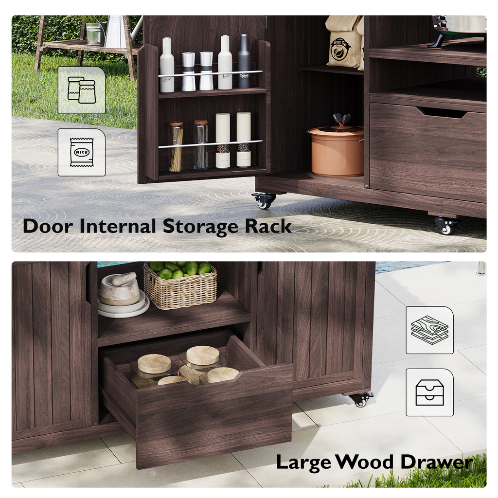 Anthony & Home outdoor kitchen island with solid wood construction, designed for Kamado grills and outdoor culinary use.