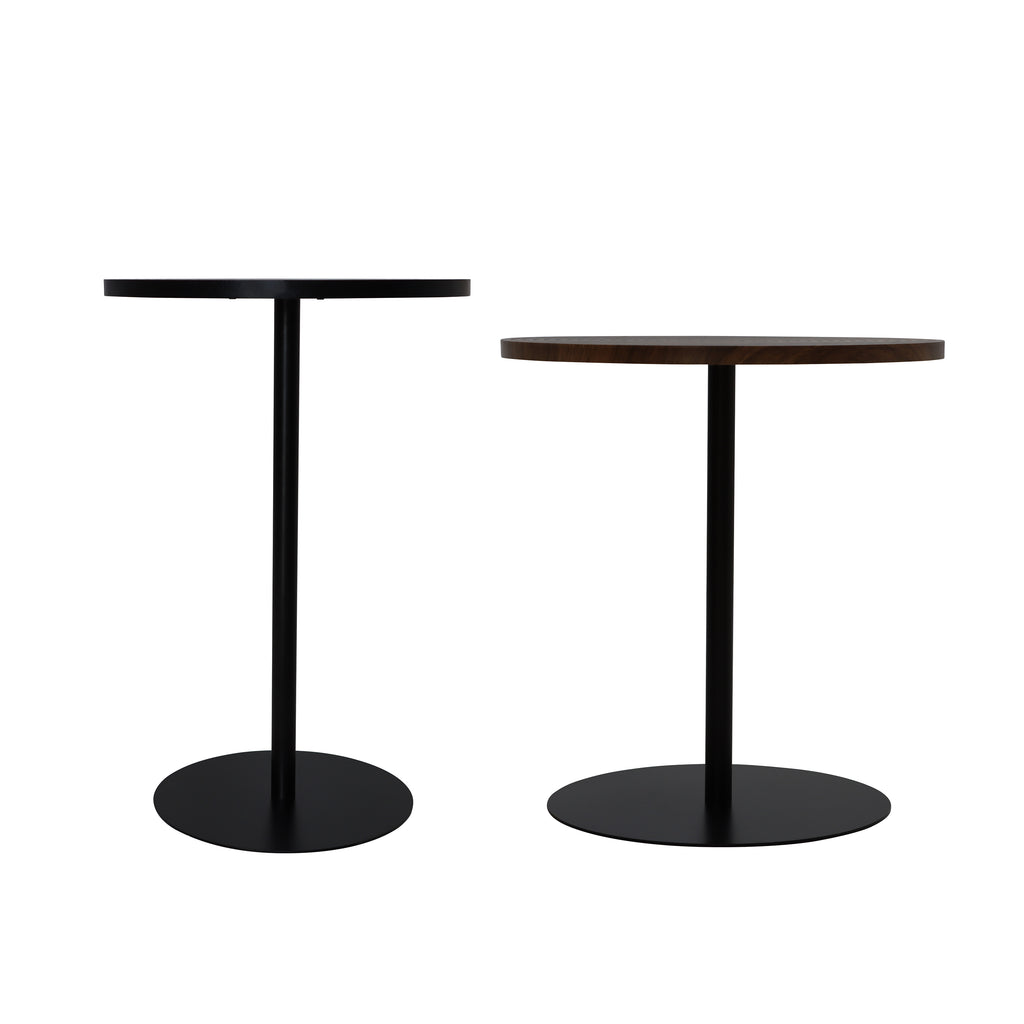 Set of 2 walnut round side tables with black metal pedestal bases featuring concentric design by Anthony & Home.