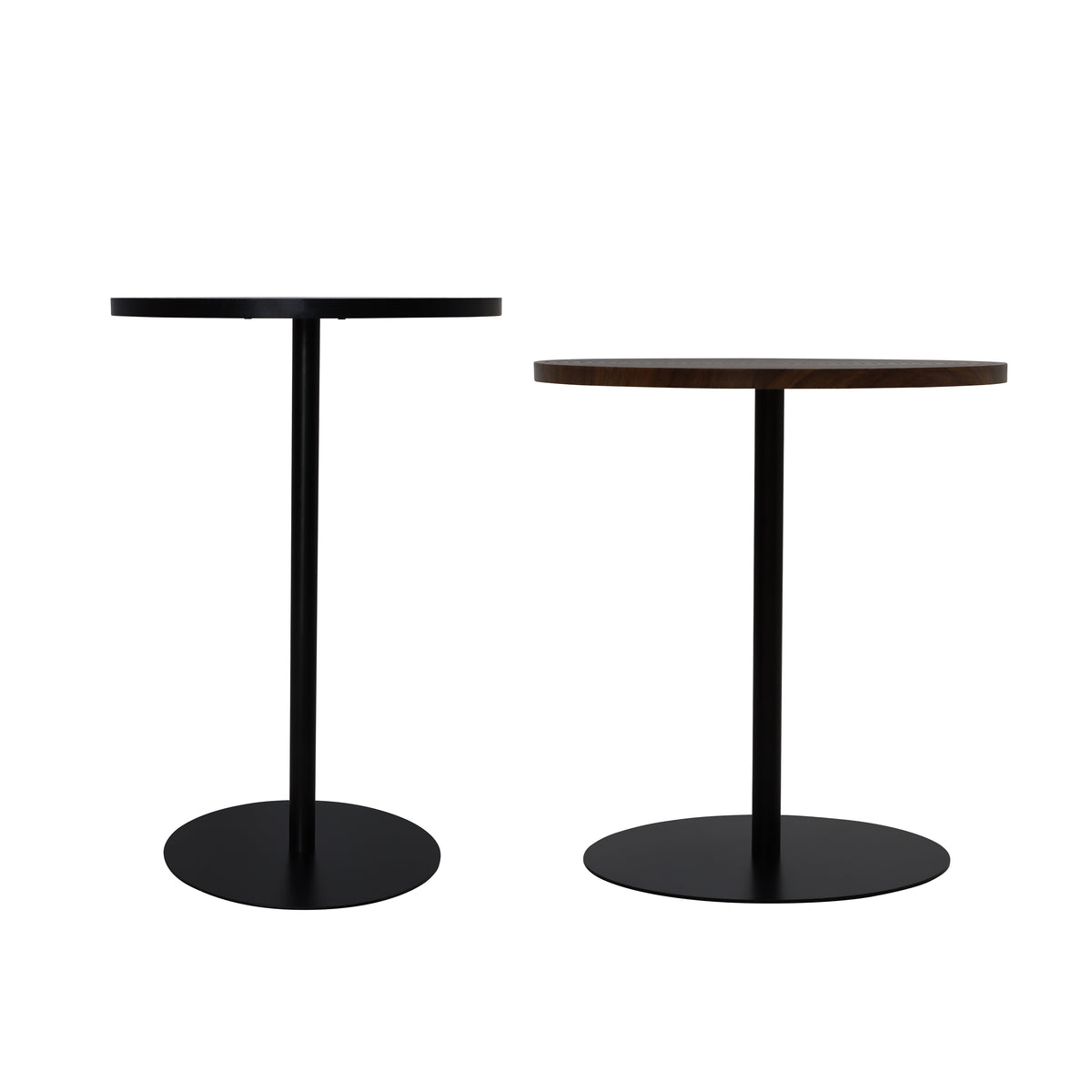 Set of 2 walnut round side tables with black metal pedestal bases featuring concentric design by Anthony & Home.