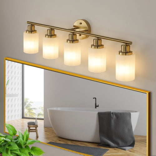 Five Light Gold Wall Mount Vanity Light With Frosted Shade