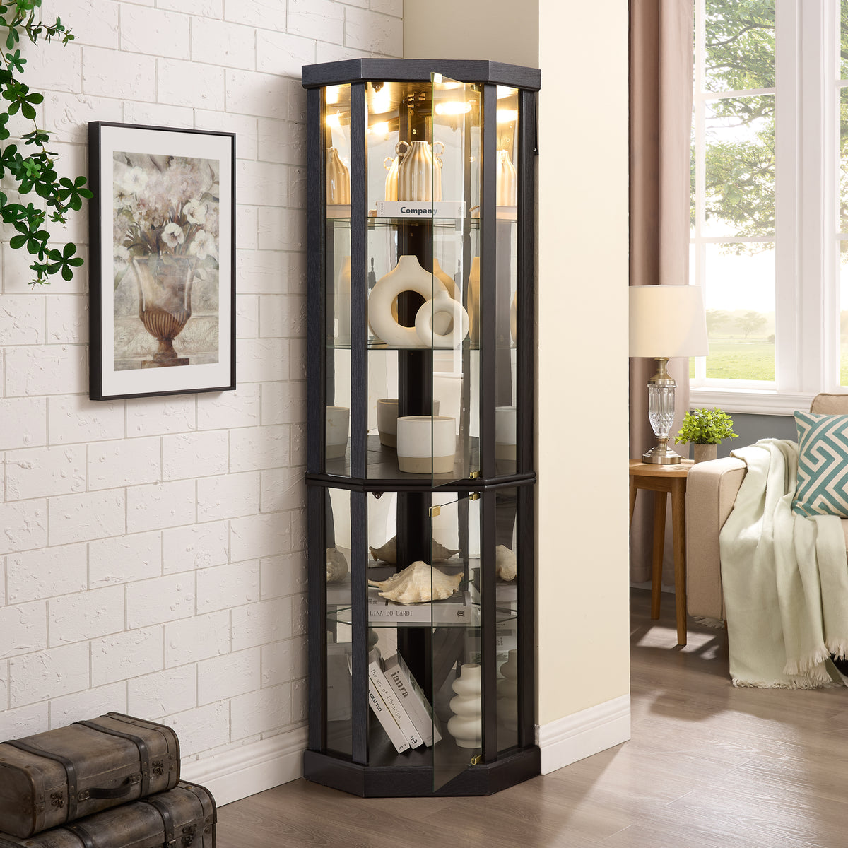Anthony & Home heritage lighted corner curio cabinet with glass display for antiques and wine collections.